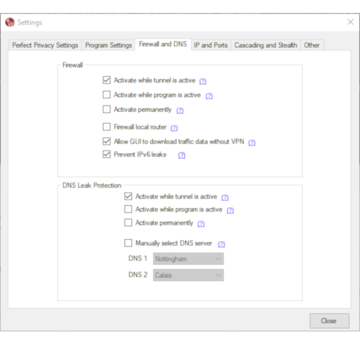 Ajustes de Perfect Privacy de su Firewall y su protección contra fugas