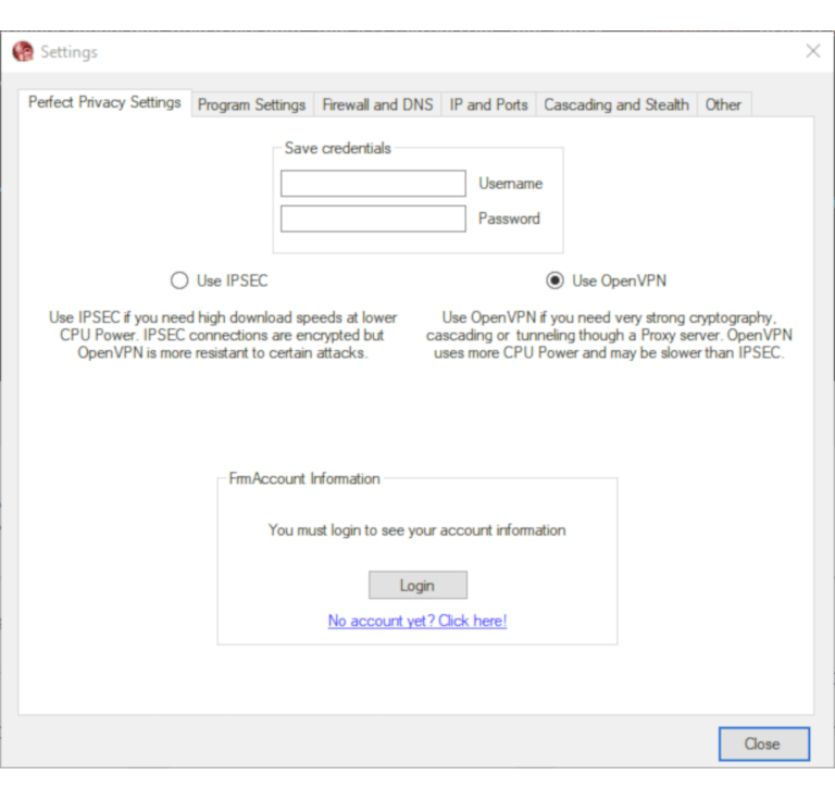 Screenshot of Perfect Privacy's log in screen