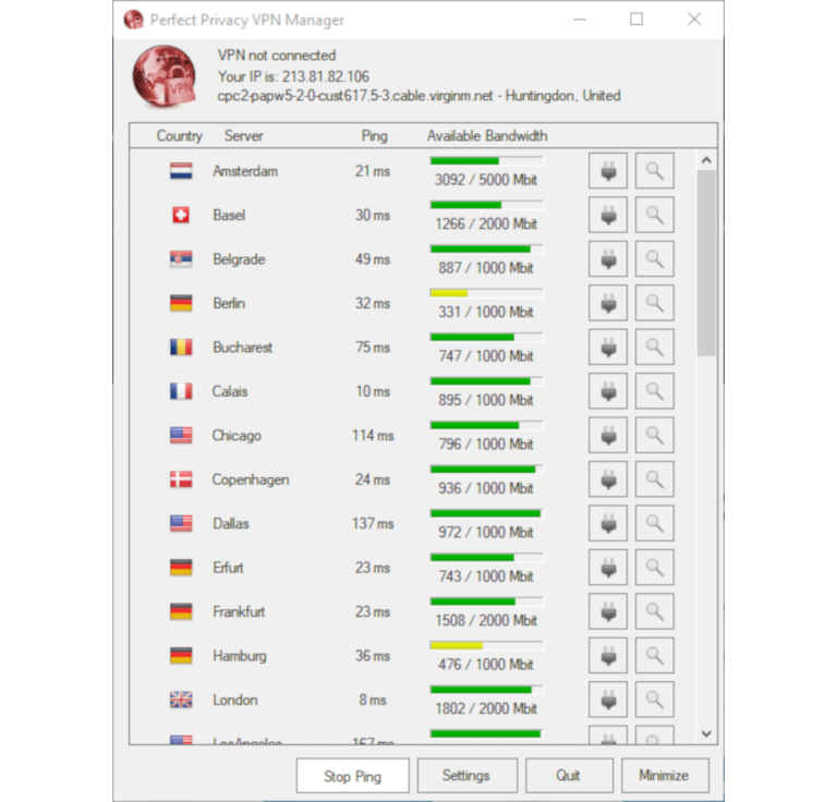 Screenshot of Perfect Privacy Server Locations List