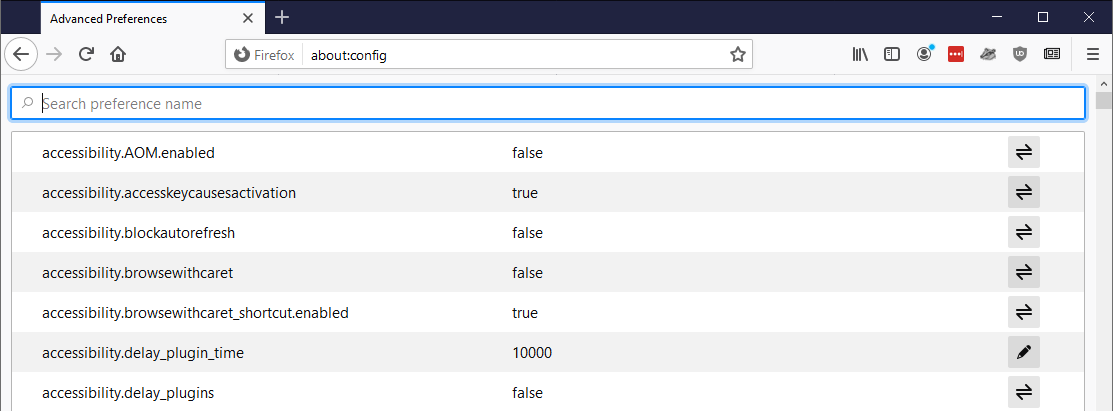 Screenshot of Firefox's advanced configuration menu.