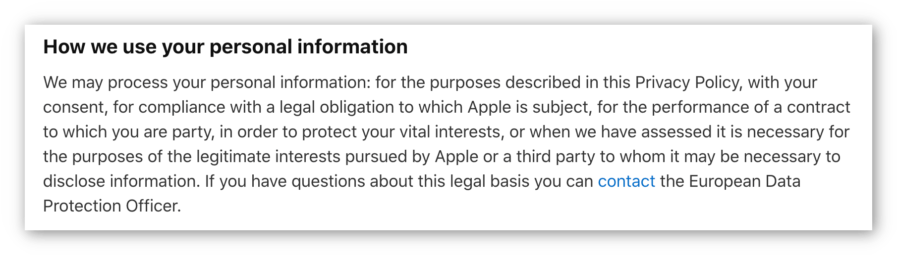 Zrzut ekranu z polityki prywatności Apple