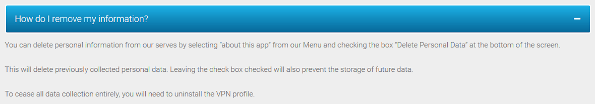 The FreeVPN.org website where it suggests you can delete personal data