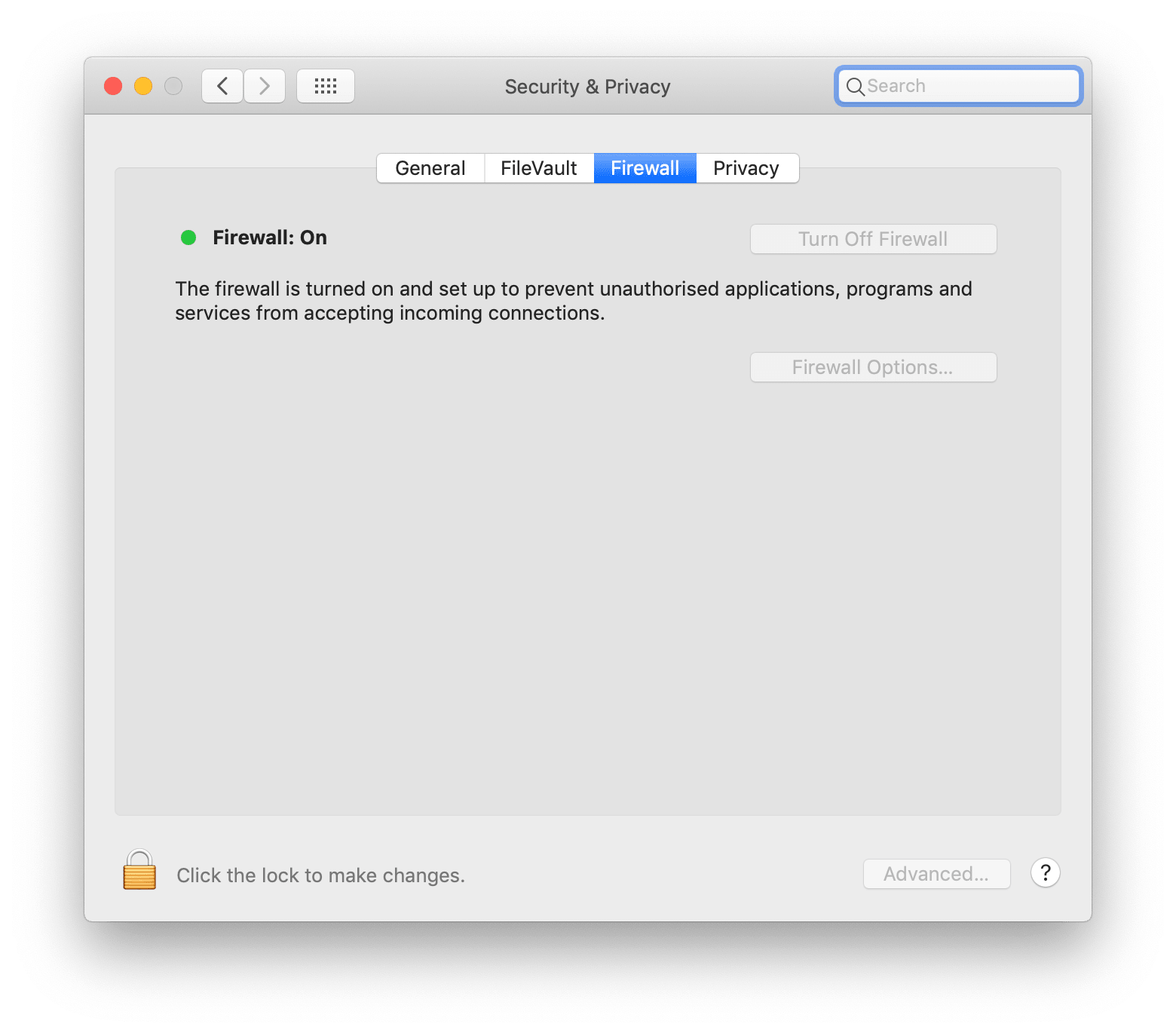 Screenshot of how to enable the firewall on a Mac