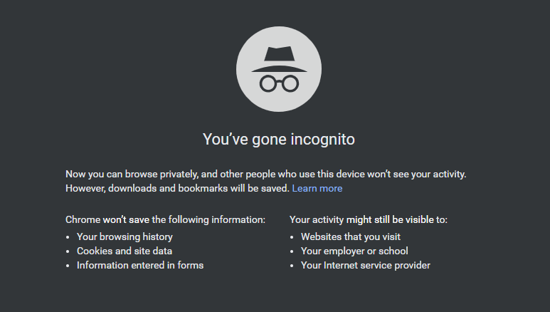 Screenshot of google chrome incognito mode