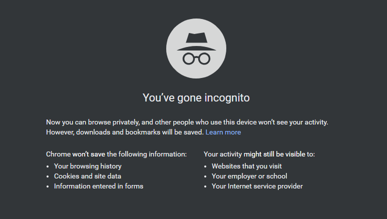 Στιγμιότυπο οθόνης της λειτουργίας Google Chrome Incognito