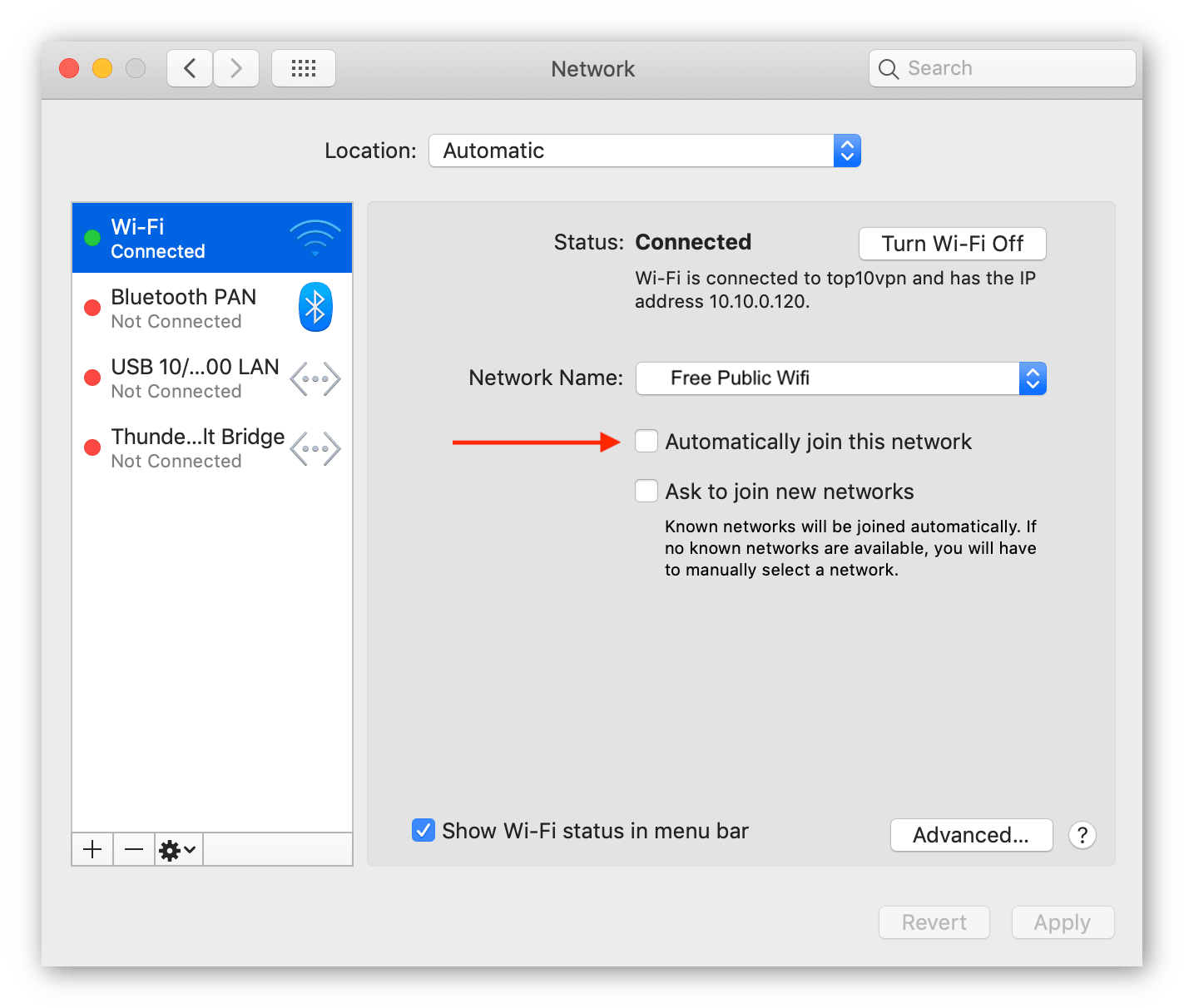 Screenshot of how to disable automatic WiFi connections on a Mac