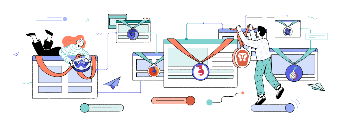 Dos personas dando medallas a los mejores navegadores privados