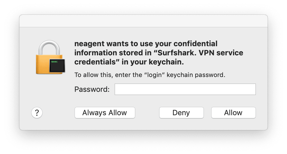 Richieste di autorizzazione su Mac per utilizzare Surfshark