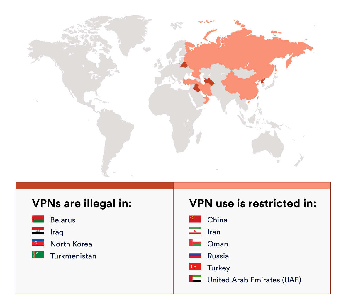 Mappa che evidenzia i paesi in cui le VPN sono illegali o soggette a restrizioni