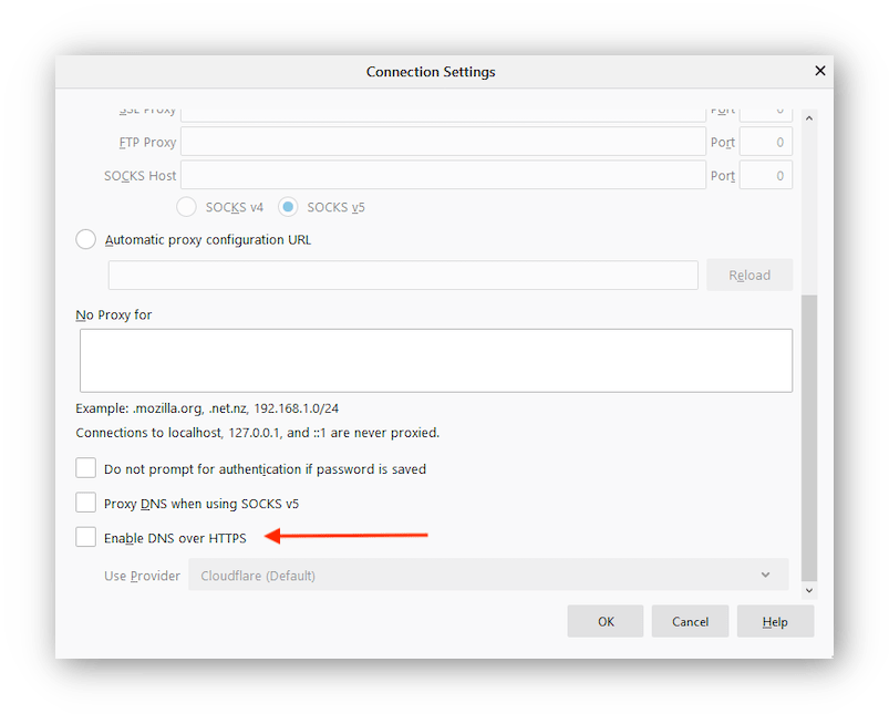 screenshot of the Enable DNS over HTTPS setting on Firefox