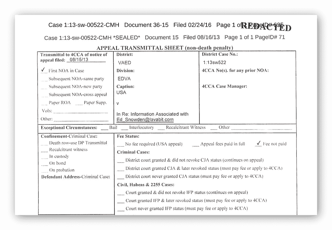 Captura de tela da intimação recebida pela Lavabit do FBI.