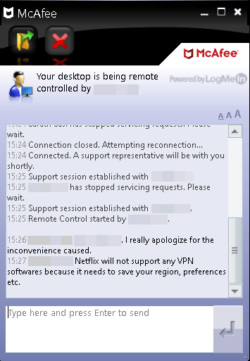 Captura de pantalla que muestra el chat de ayuda en tiempo real de McAfee