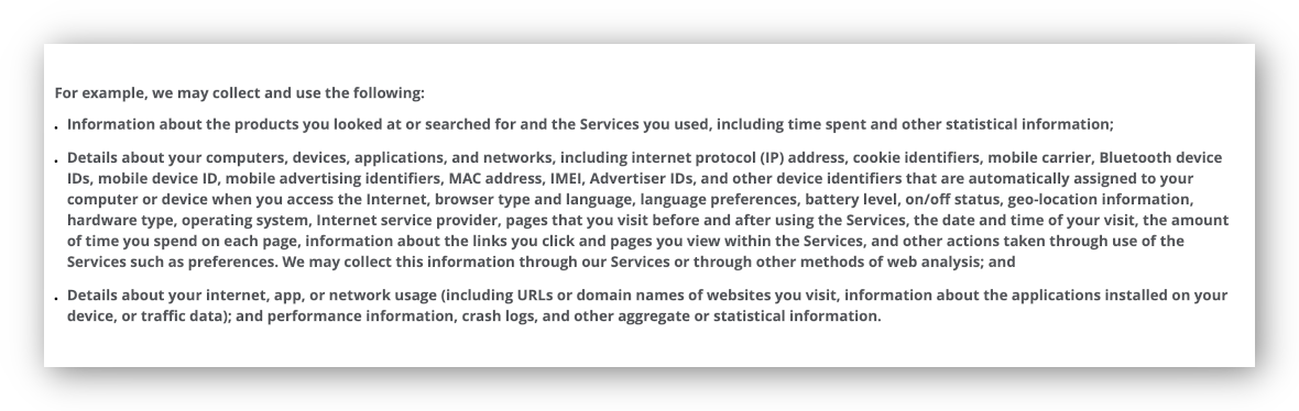 Excerpt of McAfee VPN's logging policy