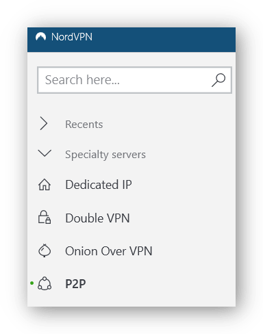 Screenshot of NordVPN specialty servers, including P2P