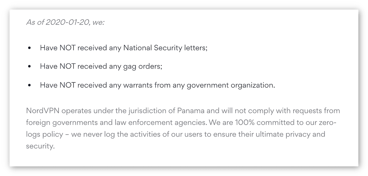 Zrzut ekranu oświadczenia warrant canary usługi NordVPN.