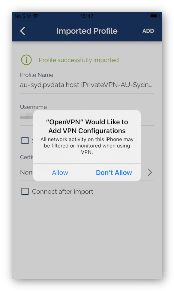 Zrzut ekranu autoryzacji konfiguracji VPN-u na OpenVPN Connect