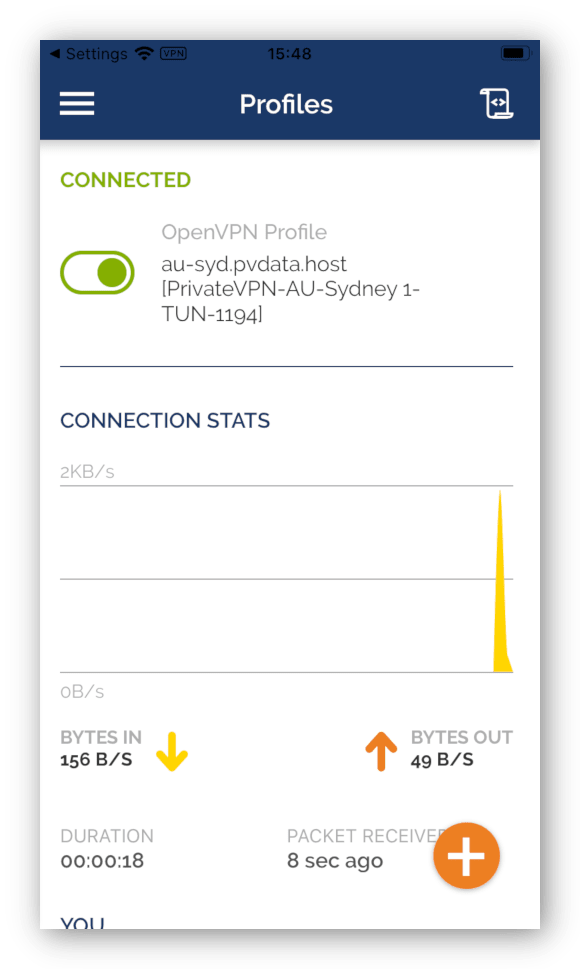 Captura de pantalla de OpenVPN Connect contado a un servidor de PrivateVPN