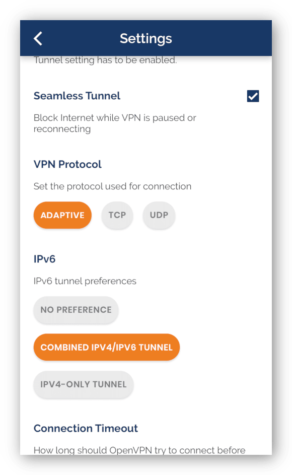 The OpenVPN Connect settings menu
