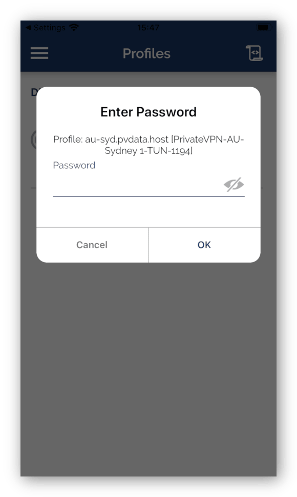 The OpenVPN Connect password popup