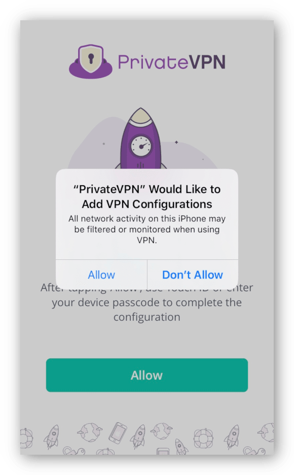 The PrivateVPN app asking for VPN configuration authorization