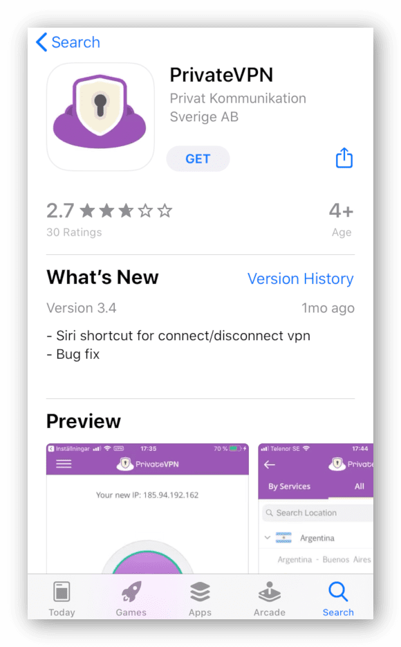 PrivateVPN in the App Store