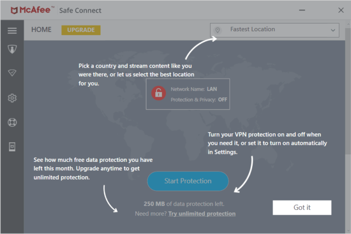 The McAfee Safe Connect introduction screen