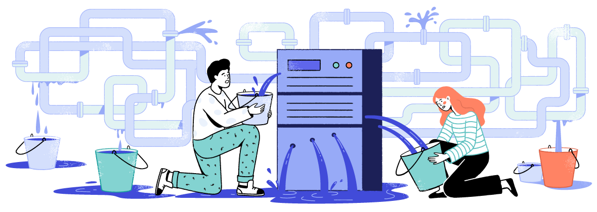 illustration of two characters fixing a leaking server