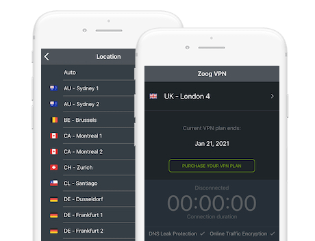 Due schermate dell’app di ZoogVPN per iOS
