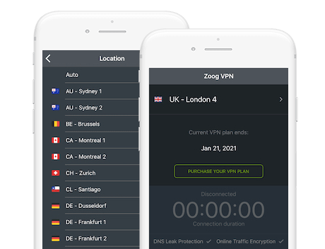 Två skärmbilder av ZoogVPN:s app för iOS