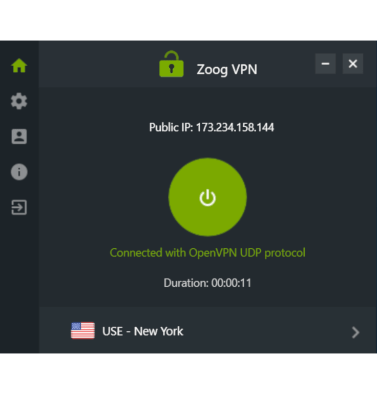 Captura de la pantalla principal de la aplicación de ZoogVPN cuando está conectada