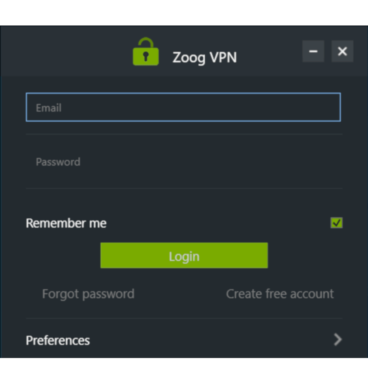 Screenshot of ZoogVPN app login screen