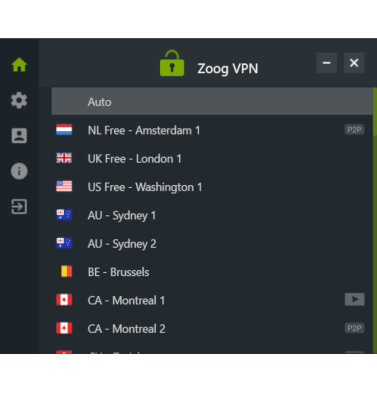Captura de pantalla de la lista de ubicaciones de servidores de ZoogVPN