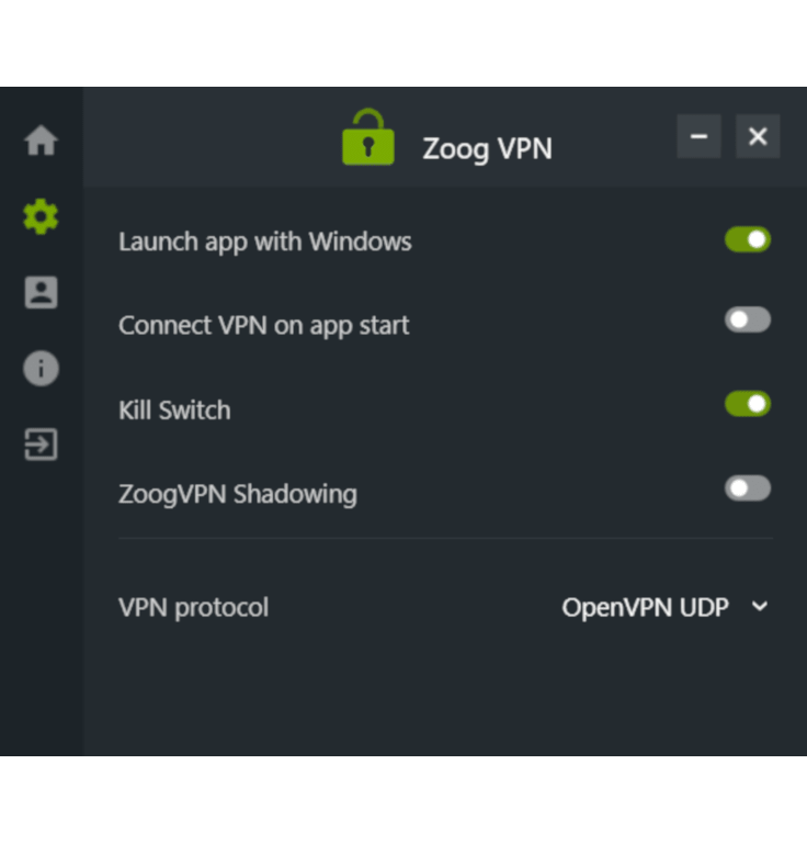 Screenshot of ZoogVPN settings menu