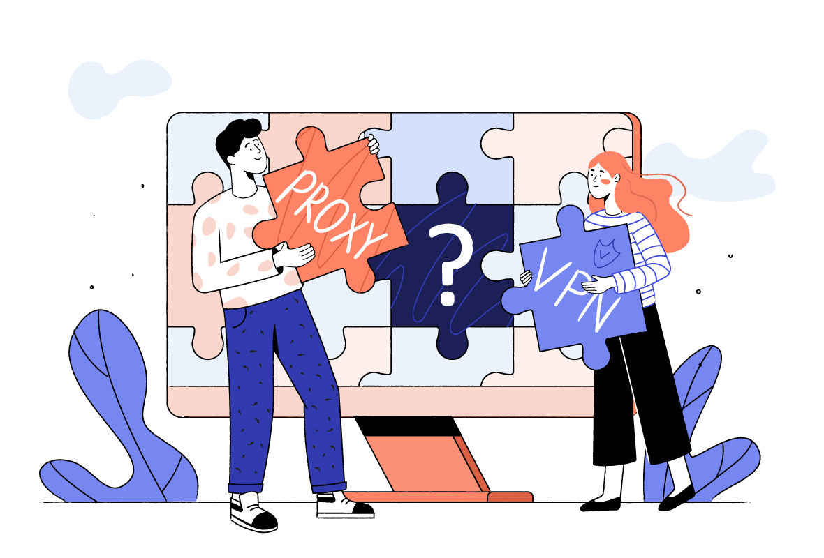 Ilustración de dos personas eligiendo entre una VPN y un proxy.