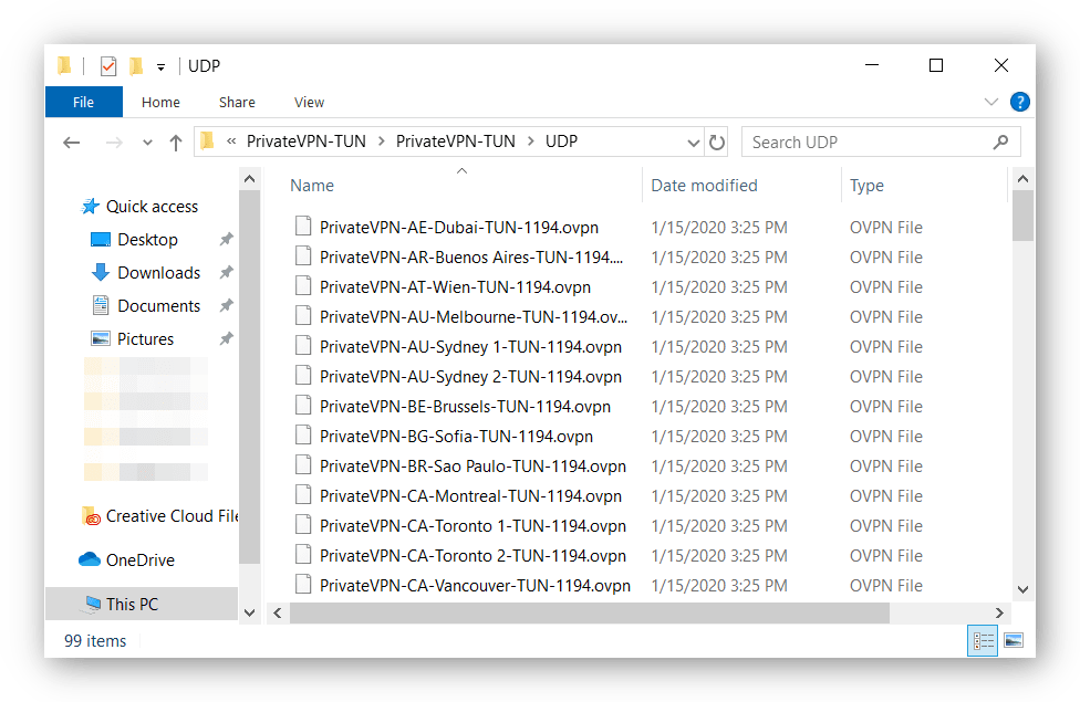 Schermata dei file di configurazione OpenVPN di PrivateVPN decompressi