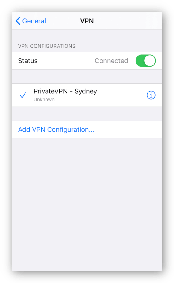 Zrzut ekranu wbudowanego oprogramowania VPN na iOS połączonego z serwerem PrivateVPN