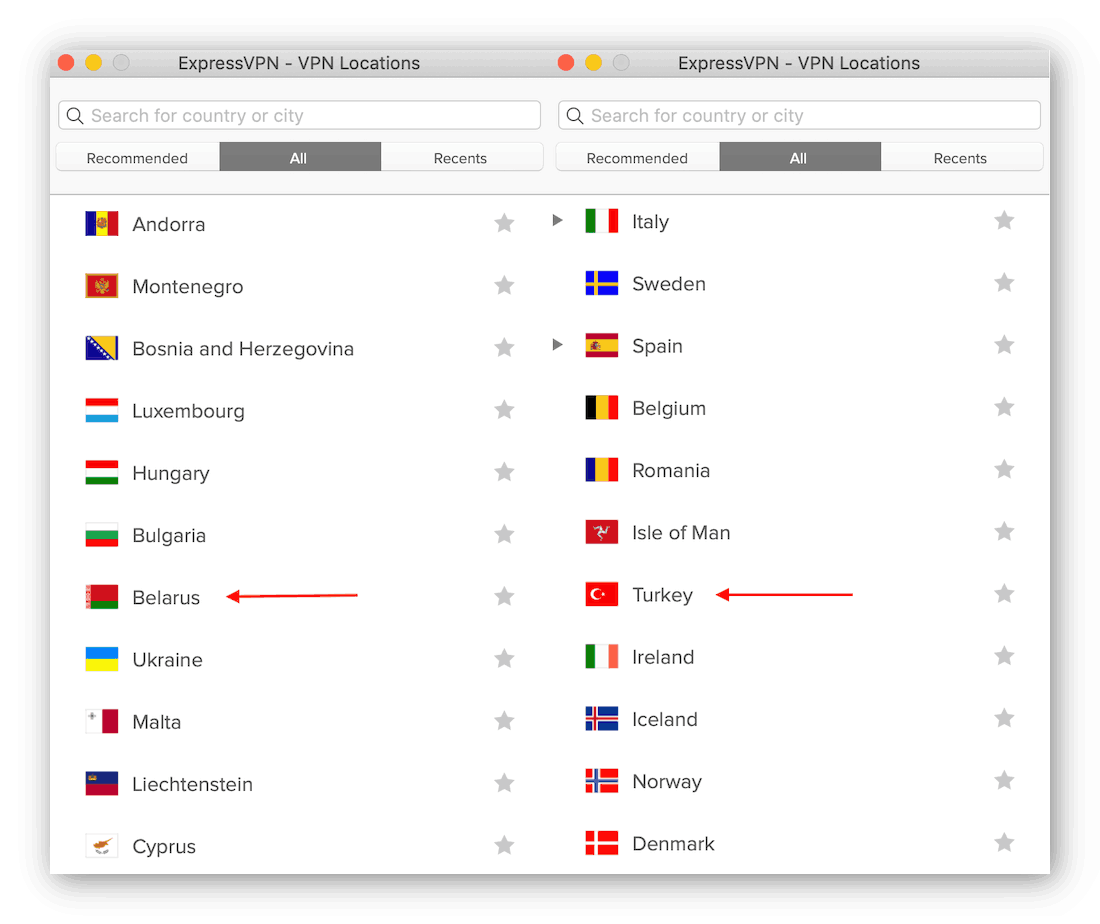 ExpressVPN has server locations in Turkey and Belarus, two places where VPNs are illegal or restricted