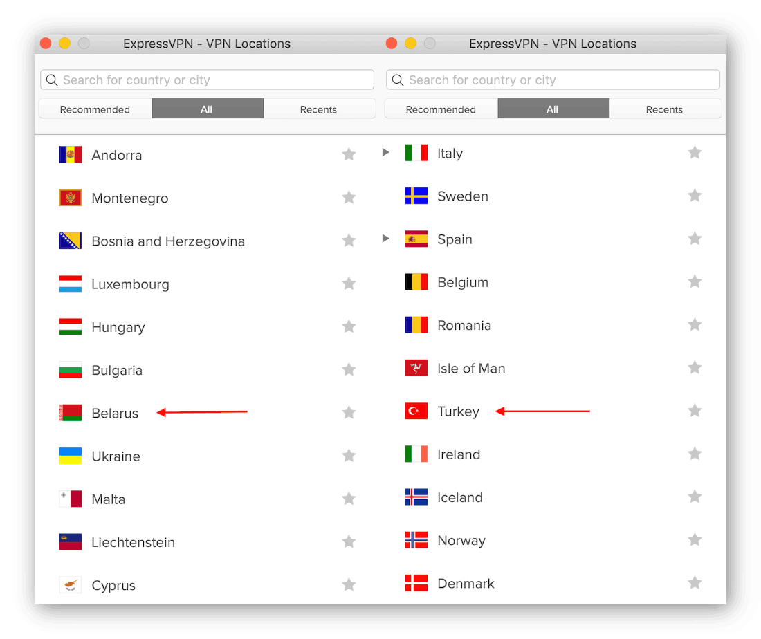 ExpressVPN memiliki lokasi server di Turki dan Belarus, dua lokasi yang tidak melegalkan atau membatasi VPN