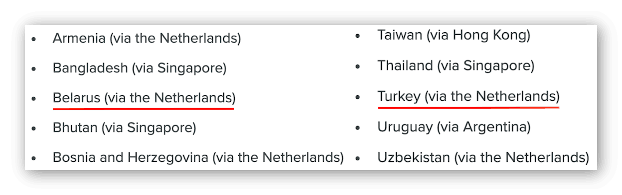 Schermafbeelding van een aantal van de virtuele serverlocaties die ExpressVPN gebruikt, waaronder Belarus (Wit-Rusland) en Turkije