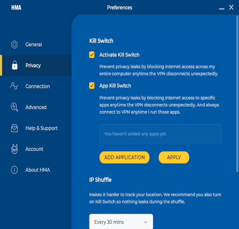 Captura de la pantalla de la lista de opciones de configuración de HideMyAss, durante nuestra reseña de la VPN de HMA