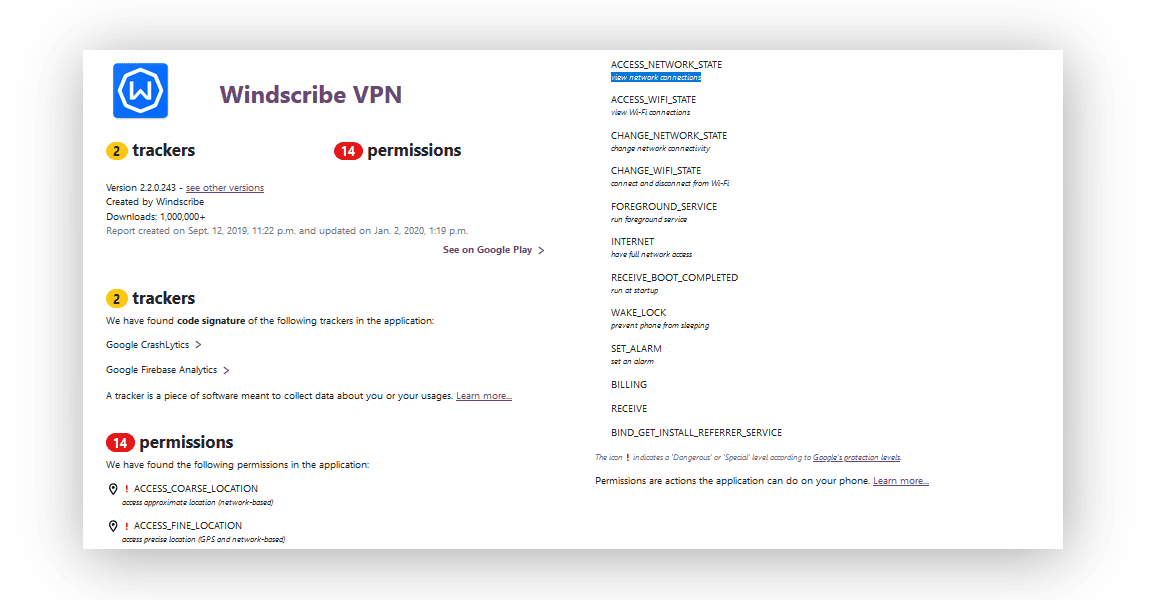 รายงานการอพยพเกี่ยวกับเครื่องมือติดตามและการอนุญาตของ Windscribe สำหรับ Android