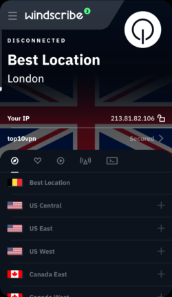 Windscribe app on iOS