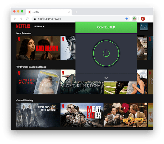 Immagine dell'estensione di Google Chrome di PIA che sblocca con successo Netflix USA.