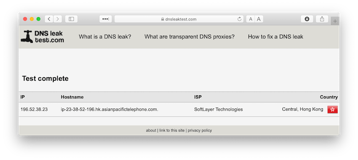 Screenshot showing Private Internet Access passed our DNS leak test.