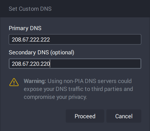 Screenshot of the Private Internet Access settings screen, which allows you to set customized DNS settings.
