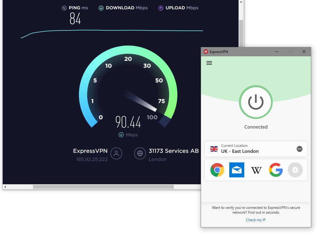 Testy prędkości usługi ExpressVPN w serwisie speedtest.net
