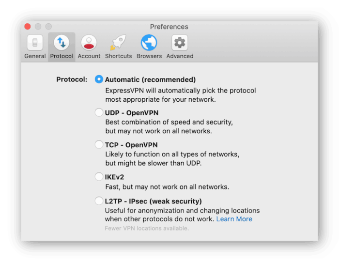 The protocol settings menu on ExpressVPN's desktop app
