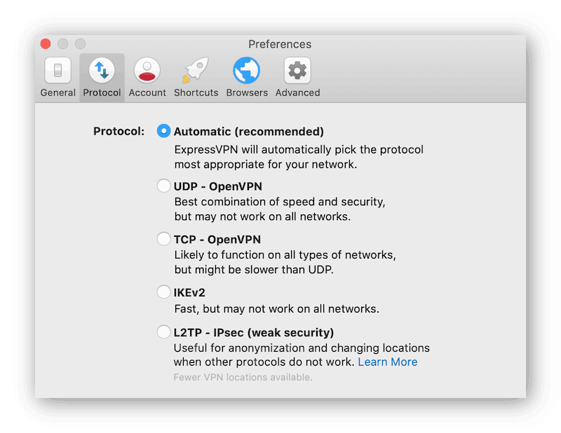 screenshot of the protocol settings menu on ExpressVPN's desktop app