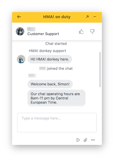 Screenshot of a live chat conversation with the HideMyAss customer service team.
