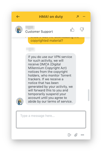 Un agente de atención al cliente de HideMyAss confirmando que el tráfico de torrents va en contra de los términos del acuerdo del servicio de HideMyAss.